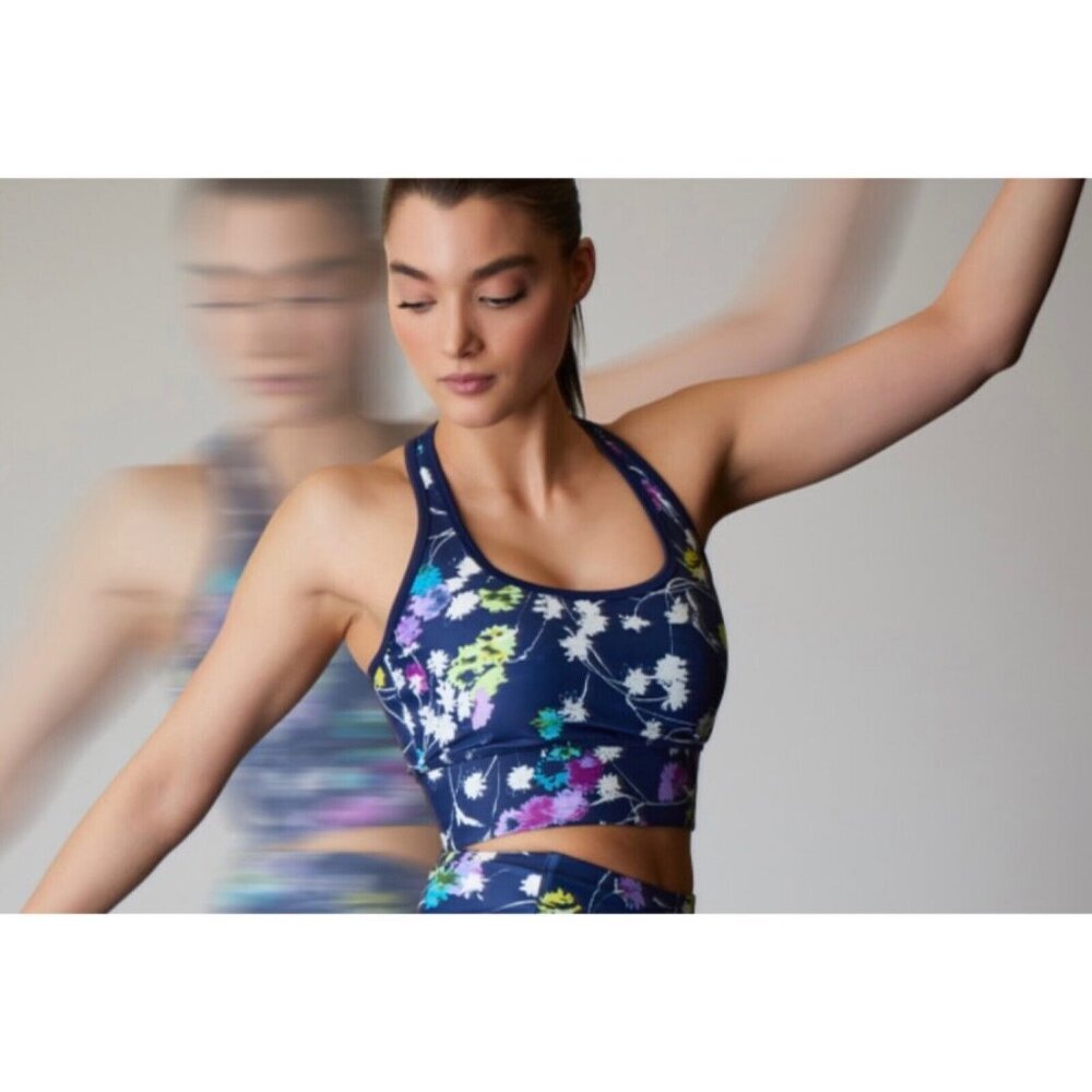 Josie Natori Size XS Solstice T-Back Crop Top Trellis Wave Navy Floral NEW NWT
